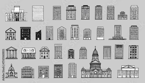 Collection of hand-drawn architectural illustrations of buildings, varying in style and shape