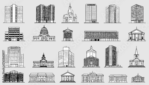 Collection of various sketched architectural drawings of buildings, structures, and monuments