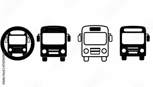 A set of four bus illustrations, showing different styles and designs in black and white
