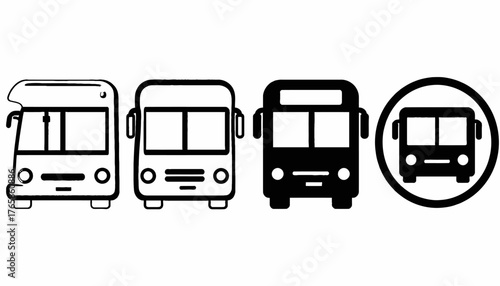Four black and white bus illustrations with variations in design, and a circular bus icon