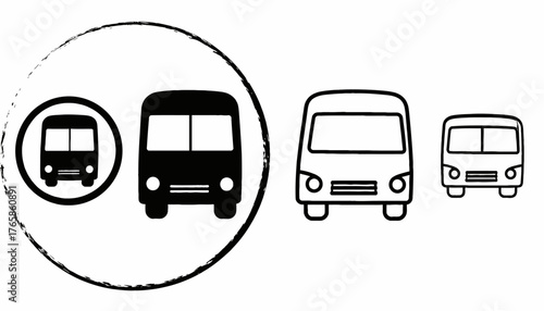 Collection of bus illustrations with varying styles, including solid and outline designs on white