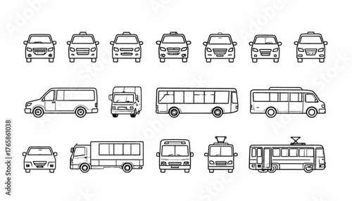 A collection of simple black and white line drawings showcasing various public transport vehicles