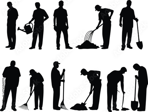 Gardening silhouettes, people working outdoors, watering plants, raking leaves, sweeping yard, digging soil, outdoor maintenance, landscaping tools, horticulture activity