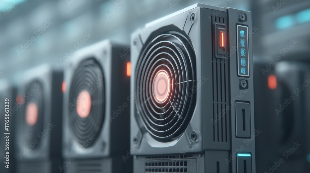 Fototapeta premium Detailed View of Modern Computer Server Cooling System with Red LED Indicator Light and Ventilation Fan in a Data Center Environment