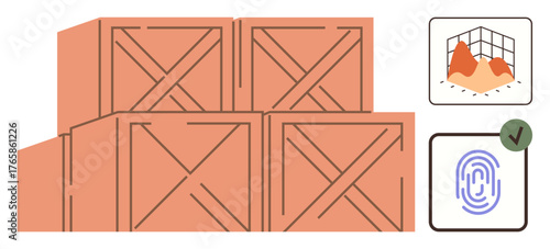 Piled wooden crates paired with 3D graph analytics and biometric fingerprint authentication icon. Ideal for logistics, inventory, data analysis, cybersecurity, 3D modeling, warehouse management