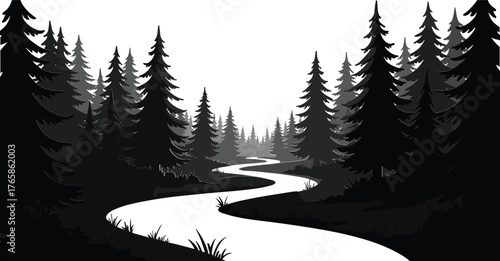 Winding river through dark pine forest silhouette with white sky pine trees water