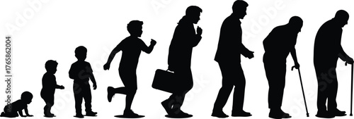 Silhouette sequence human life stages, baby toddler child teenager adult middle aged elderly senior cane, aging process evolution growth development people illustration concept