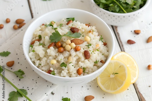 Traditional Indian Sabudana Khichdi with Toasted Almonds and Lemon in a white bowl with white background