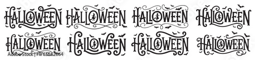 Halloween typography designs vintage style lettering with bats for holiday greeting cards and decorations