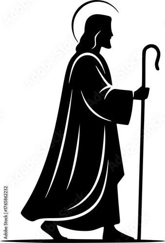 The Jesus Holding Staff. Christian Clipart silhouette Vector Logo Symbol isolated on white background. Divine shepherd christ figure with crook an icon of faith belief.