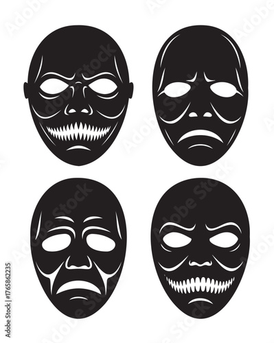 Set of theatrical masks black and white vector illustration representing different emotions for drama and p