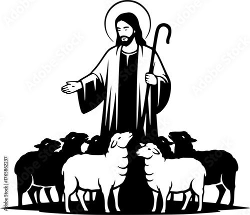The Jesus Shepherding Sheep. Christian Clipart silhouette Vector Logo Symbol isolated on white background. savior guiding flock a divine paragon of care pastoral devotion theme