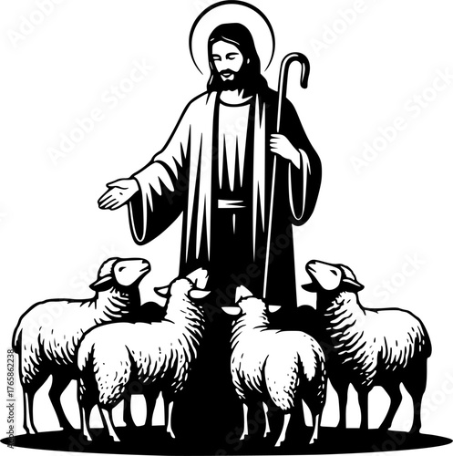 The Jesus Shepherding Sheep. Christian Clipart silhouette Vector Logo Symbol isolated on white background. savior guiding flock a divine paragon of care pastoral devotion theme