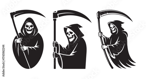 Set of grim reaper illustrations hooded skeleton holding scythe vector design for Halloween and horror conc