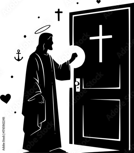The Jesus Knocking on Door. Christian Clipart silhouette Vector Logo Symbol isolated white background. Savior at portal divine figures welcome faith hope charity iconographic entry.