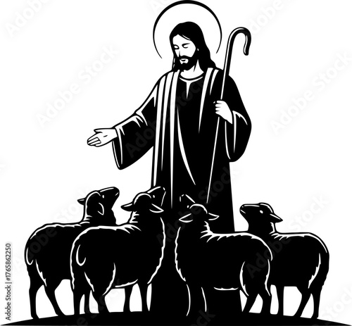 The Jesus Shepherding Sheep. Christian Clipart silhouette Vector Logo Symbol isolated on white background. savior guiding flock a divine paragon of care pastoral devotion theme