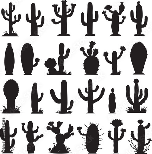 Cactus silhouette set—black vector grid of 24 unique desert plant icons for botanical, nature, and minimalist design themes