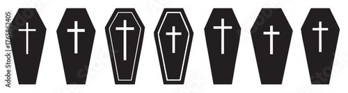 Set of coffin icons vector illustration of different shapes with crosses isolated on white background