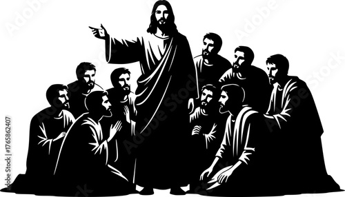 The Jesus with Disciples. Christian Clipart silhouette Vector Logo Symbol isolated on white background. Our savior alongside his followers a sacred story of guidance and devotion. 