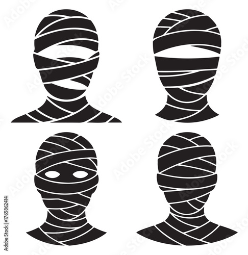 Set of mummy head icons wrapped in bandages vector illustration for Halloween designs and spooky themes
