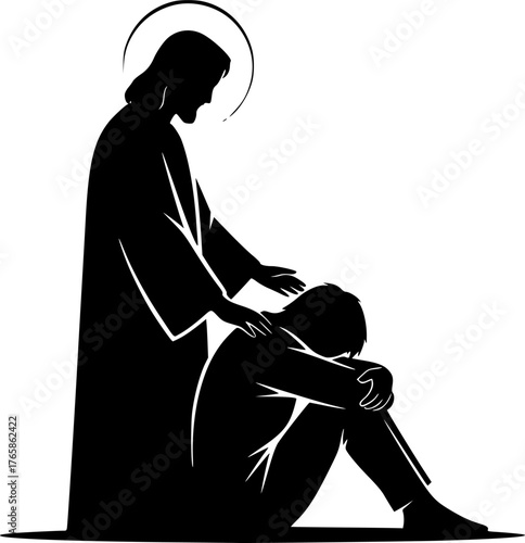 The Jesus Comforting Brokenhearted. Christian Clipart silhouette Vector Logo Symbol isolated on white background. Divine compassion christ alleviating sorrow grief heartache and despair. 