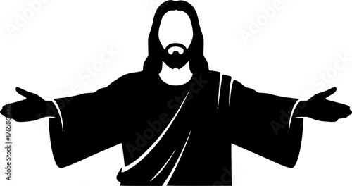 The Jesus Opening Arms. Christian Clipart silhouette Vector Logo Symbol isolated on white background. Divine savior extending welcome a gesture of charity and loving embrace. 