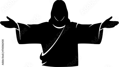 The Jesus Opening Arms. Christian Clipart silhouette Vector Logo Symbol isolated on white background. Divine savior extending welcome a gesture of charity and loving embrace. 