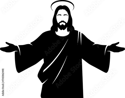The Jesus Opening Arms. Christian Clipart silhouette Vector Logo Symbol isolated on white background. Divine savior extending welcome a gesture of charity and loving embrace. 