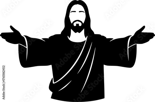 The Jesus Opening Arms. Christian Clipart silhouette Vector Logo Symbol isolated on white background. Divine savior extending welcome a gesture of charity and loving embrace. 