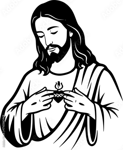 The Jesus with Sacred Heart. Christian Clipart silhouette Vector Logo Symbol isolated on white background. Divine redeemer image iconic devotion representation cherished love emblem
