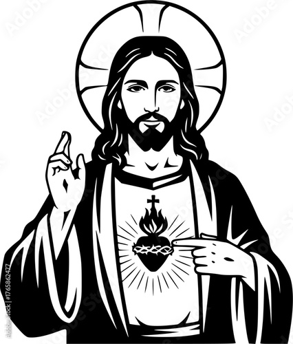 The Jesus with Sacred Heart. Christian Clipart silhouette Vector Logo Symbol isolated on white background. Divine redeemer image iconic devotion representation cherished love emblem
