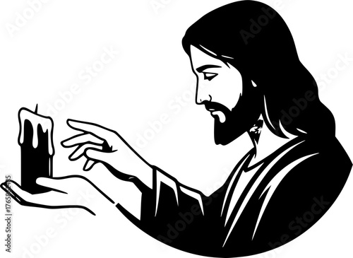 The Jesus Lighting a Candle. Christian Clipart silhouette Vector Logo Symbol isolated on white background. savior illuminating flame divine hope offering bright faith devotion