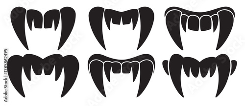 Set of vampire teeth silhouettes sharp fangs in different shapes vector illustration for Halloween designs