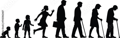 Human life cycle silhouettes, infant toddler child adolescent teenager adult businessman middle aged senior elderly woman man aging process timeline growth development evolution stages illustration