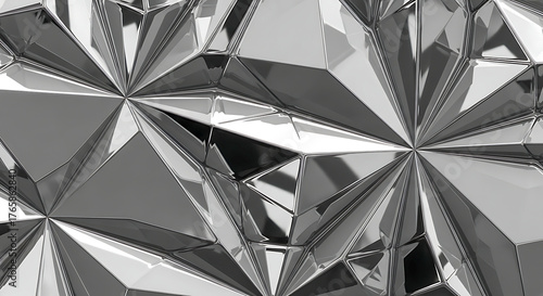 Abstract geometric pattern with sharp facets and reflective surfaces in monochrome tones
