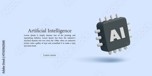Microchip, artificial intelligence, 3D. Modern banner for concepts of new computer technologies, processors, semiconductors. Vector illustration.