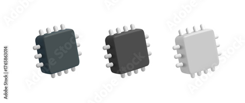 Set of colored simple 3D microchips, semiconductors. Icons on white background. For concepts of manufacturing, smart computing technology. Vector illustration.