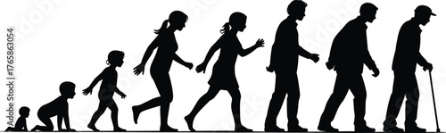 Silhouette evolution of human life stages, baby crawling, child running, teenager walking, adult progression, elderly with cane, concept of growth, aging, development, timeline illustration