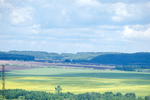 fields and trees against the backdrop of a sky with clouds