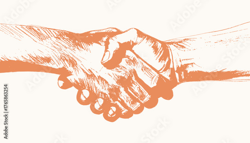 Illustration of two hands clasped in a handshake, drawn in sepia with a textured style