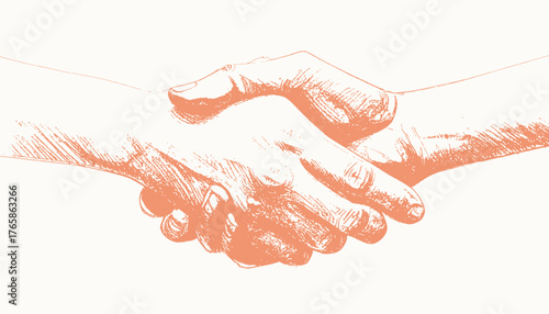 Hand-drawn image of two hands clasped in a handshake, depicted with an orange sketch on a white background