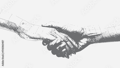 Monochrome illustration of two hands clasped in a gesture of unity or agreement