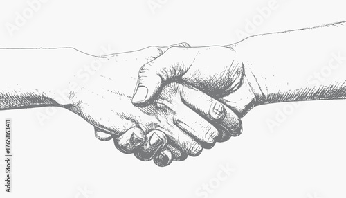 A grayscale, hand-drawn illustration depicting a handshake, symbolizing agreement or collaboration