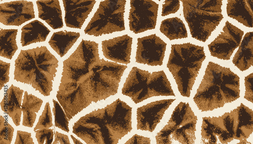 A close-up view of a giraffe's patterned coat, exhibiting dark brown spots and beige background