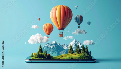 Hot air balloons over 3D mobile landscape