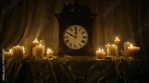 A Large Antique Clock Surrounded by Flickering Candles in a Dimly Lit Room of Quiet Ambience