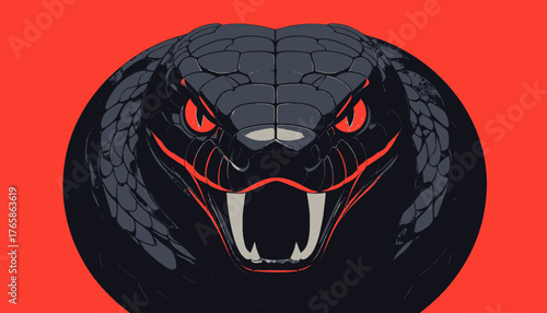 A stylized cobra head, with striking red eyes and mouth accents, centered against a red background