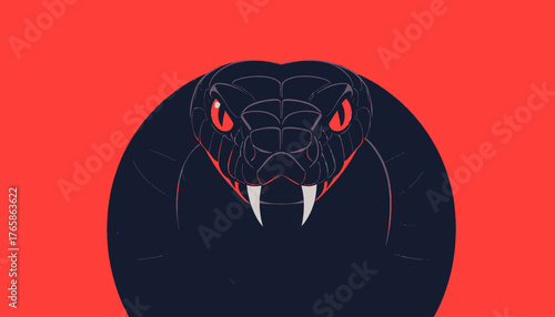 A stylized illustration of a snake's head with red eyes and sharp fangs against a red backdrop