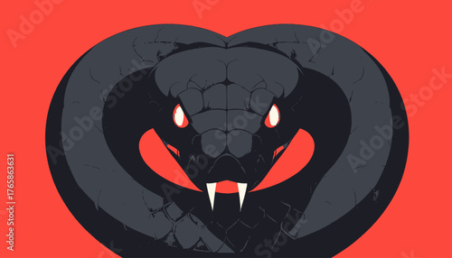 Stylized, graphic illustration of a snake head, depicted in gray with red eyes and red backdrop