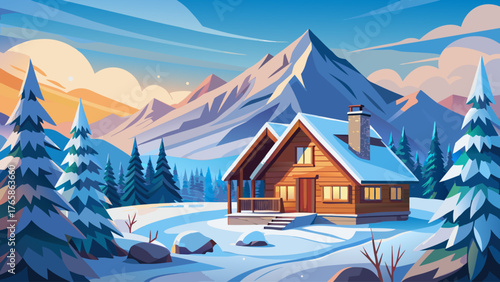 Snowy mountain cabin under cloudy winter sky, realistic vector illustration, no sunlight, peaceful cold day, surrounded by pine trees, soft colors, calm nature landscape, detailed scene
